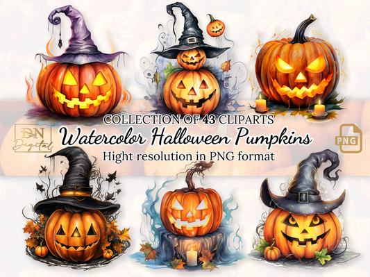 Watercolor Halloween Pumpkins Clipart Collection