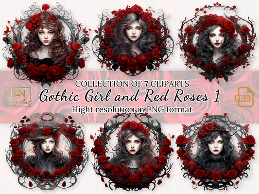 Gothic Girl and Red Roses Clipart Collection 1