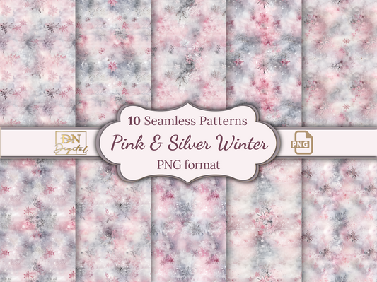 Seamless Winter Patterns in Pink and Silver