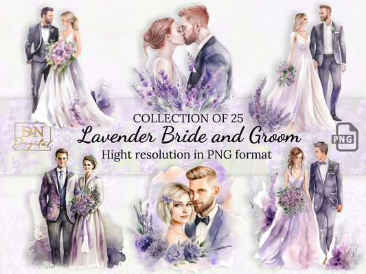 25 Watercolor Lavender Bride and Groom Clipart Collection With Free Commercial License