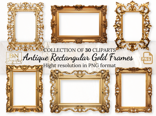 Antique Rectangular Gold Frames Clipart Collection With Free Commercial License • Rococo and Baroque  Golden Clip Art  for Vintage Designs
