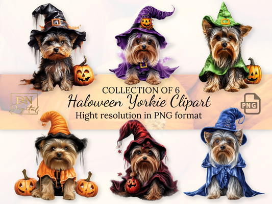 Watercolor Halloween Yorkshire Terrier Clipart Collection