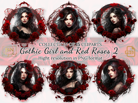 Gothic Girl and Red Roses Clipart Collection 2