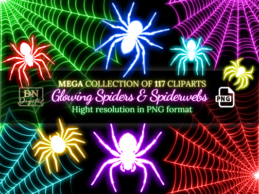 117 Glowing Spiders and Spiderwebs Clipart Collection