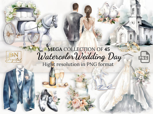 45 Watercolor Wedding Day Clipart Collection With Free Commercial License