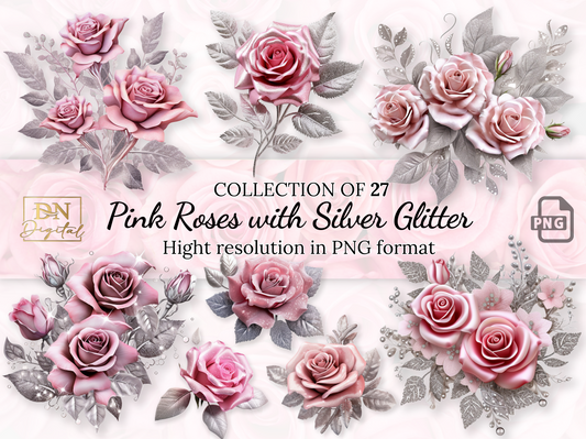 Pink Roses with Silver Glitter Leaves Clipart Collection