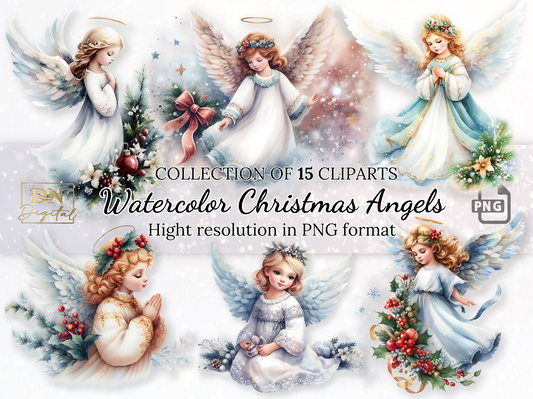 Watercolor Christmas Angels Clipart Collection