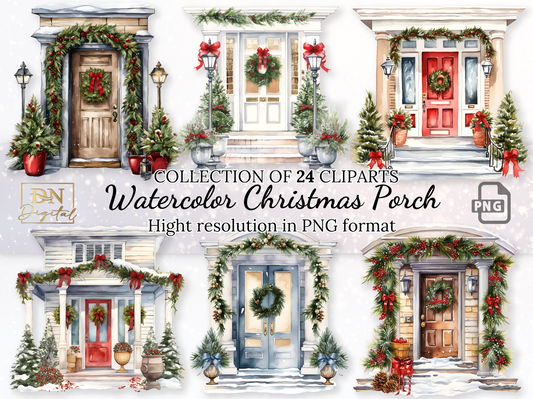 24 Watercolor Christmas Porch Clipart Collection For Festive Delights