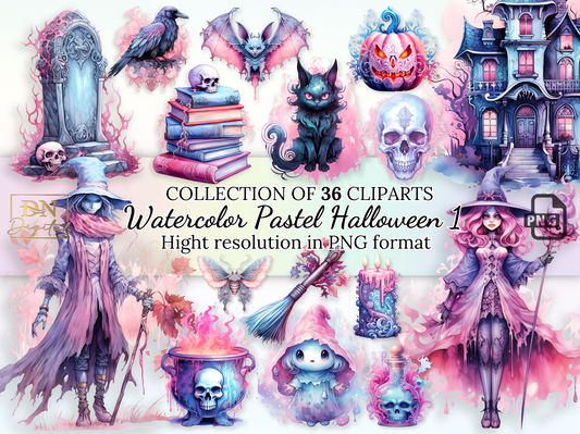 36 Watercolor Pastel Halloween Clipart Collection 1