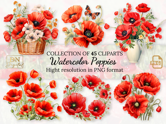45 Watercolor Popies Clipart Collection With Free Commercial License