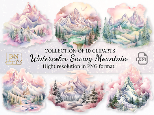 Watercolor Pastel Snowy Mountain Clipart Collection