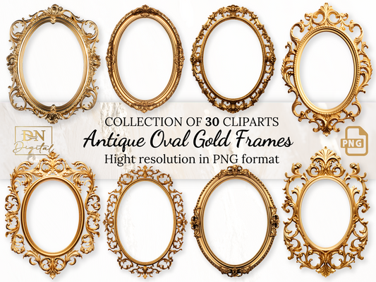 Antique Oval Gold Frames Clipart Collection With Free Commercial License • Rococo and Baroque Vintage Golden Clip Art