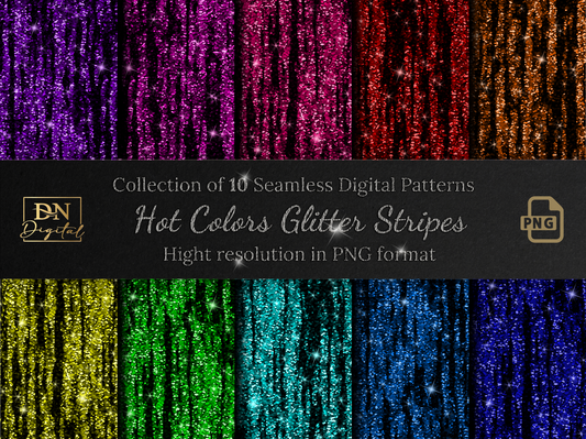 Hot Colors Sparkling Glitter Stripes Seamless Digital Patterns Collection • Seamless Glamour Glitter Stripes Digital Paper