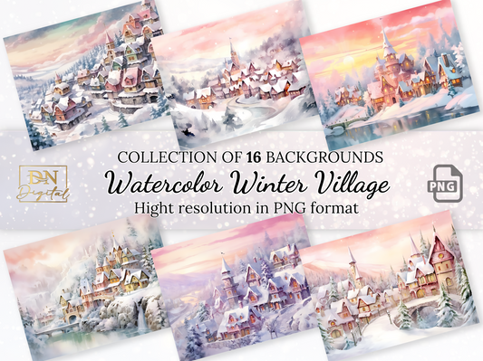 Watercolor Winter Village Background Clipart Collection