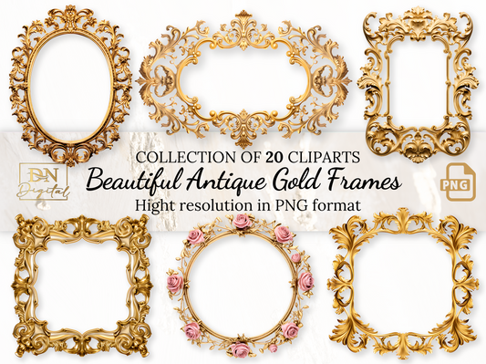 20 Beautiful Antique Gold Frames Clipart Collection With Free Commercial License • Rococo and Baroque  Golden Clip Art  for Vintage Designs