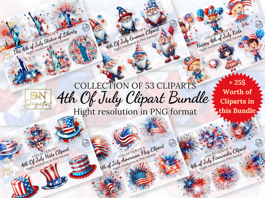 4th of July Clipart Bundle With Free Commercial License • Gnomes, Happy Kids, Statue of Liberty, Flags, Fireworks, Hats Illustrations