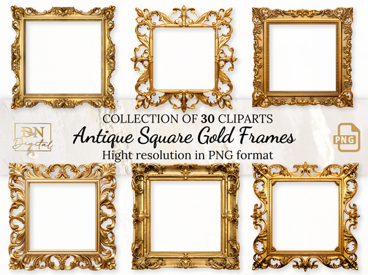 Antique Square Gold Frames Clipart Collection With Free Commercial License • Rococo and Baroque Golden Clip Art for Vintage-Inspired Designs