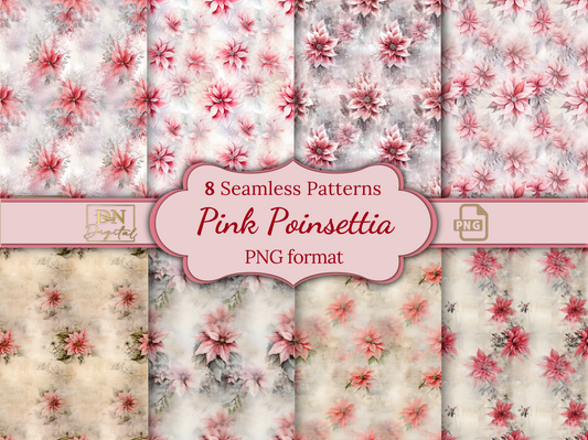 8 Pink Poinsettia Seamless Digital Patterns Collection