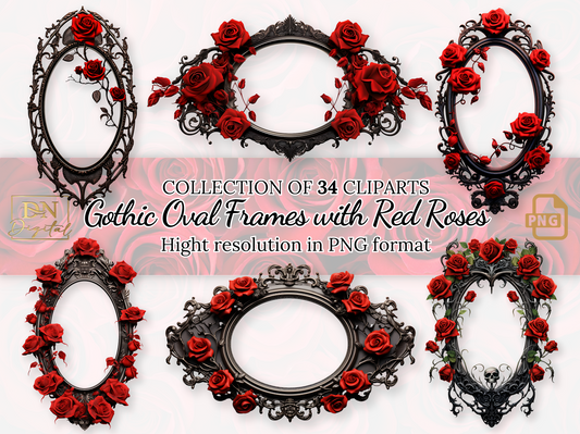 Gothic Oval Frames with Red Roses Clipart Collection