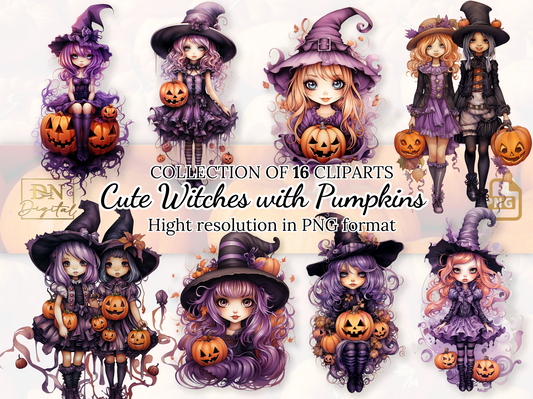 16 Cute Witches with Pumpkins Clipart Collection