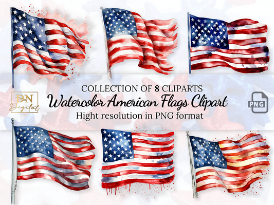 Watercolor American Flag Clipart Collection With Free Commercial License