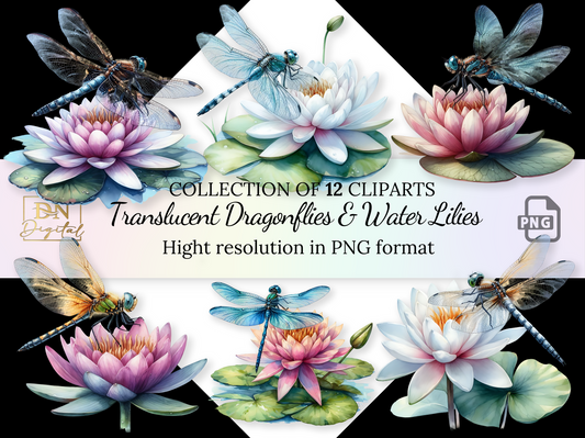 Watercolor Translucent Dragonflies and Water Lilies Clipart Collection