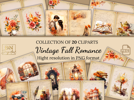 Vintage Fall Romance Junk Journal Pages Clipart Collection