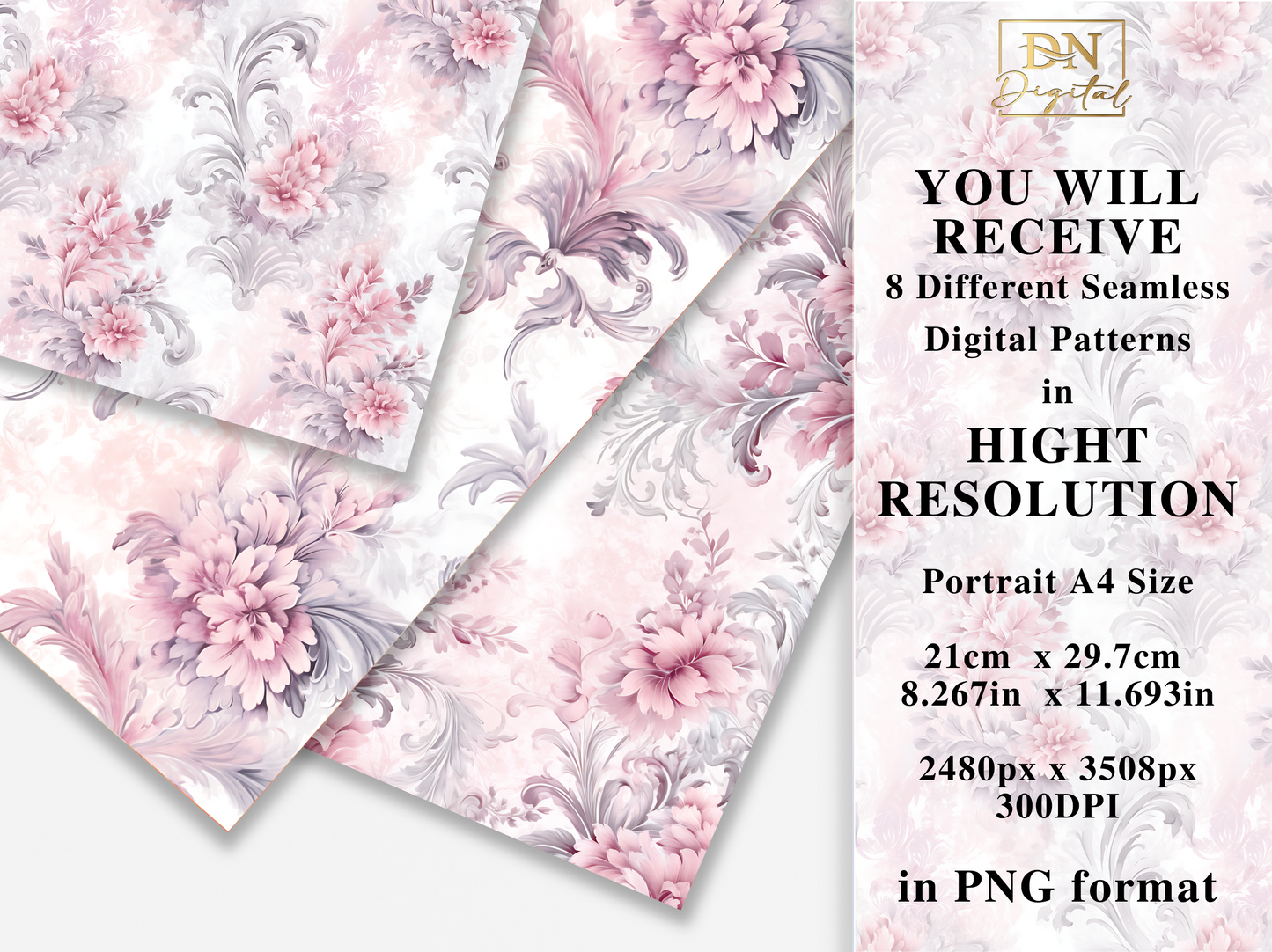 Pink and Silver Damask Seamless Digital Patterns Collection