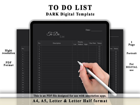 To Do List - Digital Planner Template - Dark Mode