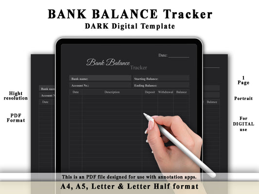 Bank Balance Tracker - Digital Planner Template - Dark Mode