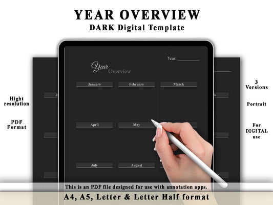 Year Overview - Digital Planner Template - Dark Mode