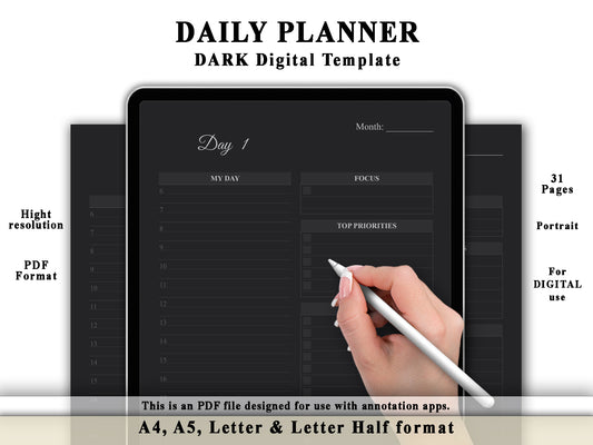 Daily Planner & Tracker - Digital Planner Template - Dark Mode