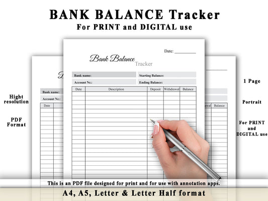 Bank Balance Tracker - Planner Printable